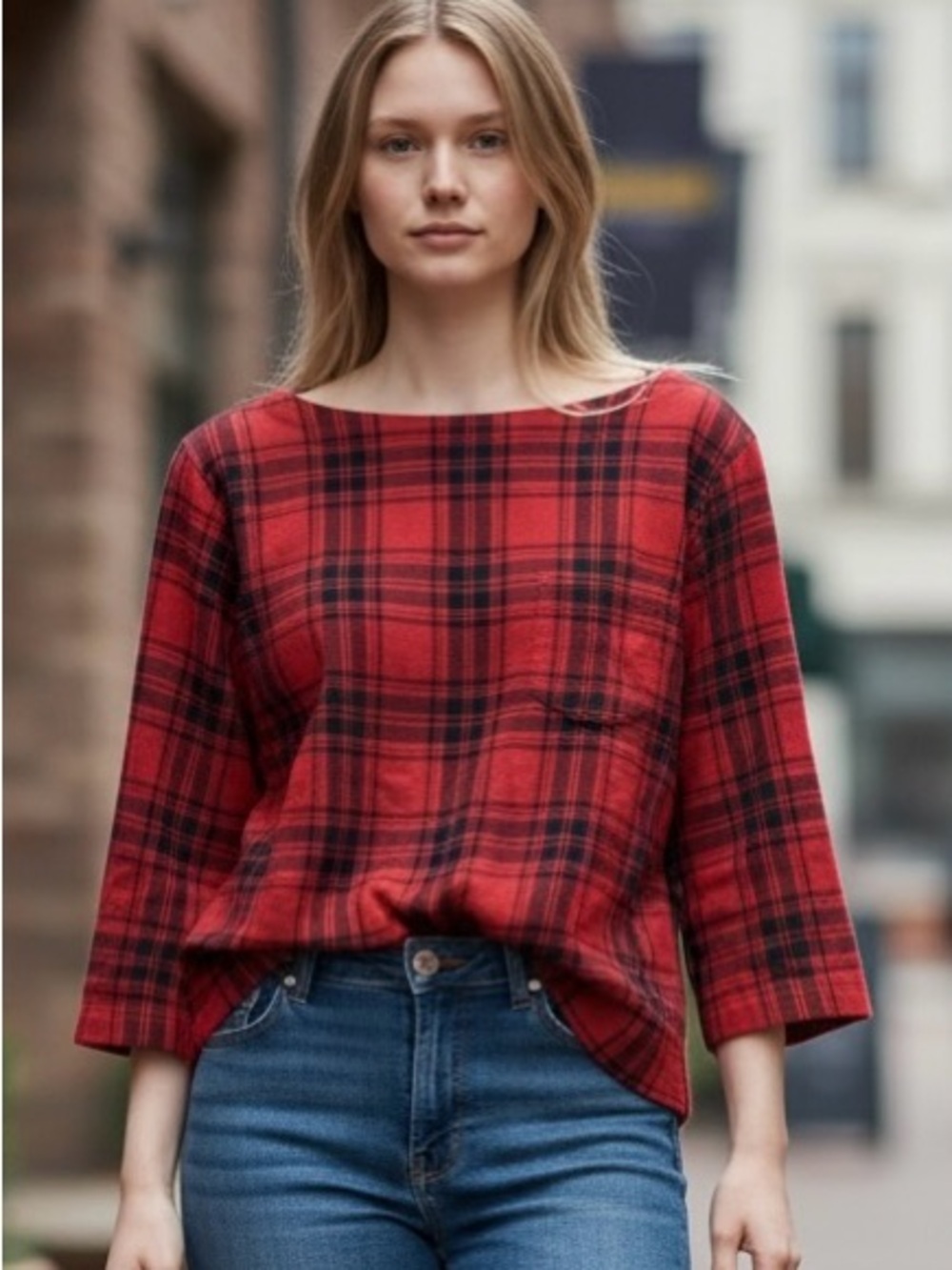 Madewell Red and Black Plaid Boatneck Tunic